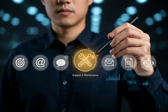 Man using a stylus to interact with a digital support and maintenance icon on a virtual screen