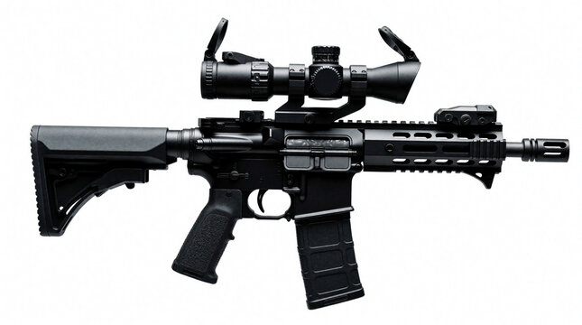 Modern black assault rifle with optical scope, tactical gear. Military firearm shows detailed design of automatic weapon. Special forces shooter equipment isolated on white background for combat