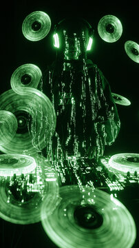 A DJ immersed in music, surrounded by floating vinyl records and bathed in a neon green glow. The atmosphere is energetic and futuristic, highlighting the passion for sound