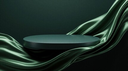 Obraz premium Smooth dark oval platform floats among flowing green silk fabric. Elegant satin waves create luxury background for product display. Minimalist stage with soft textile folds suitable for cosmetics