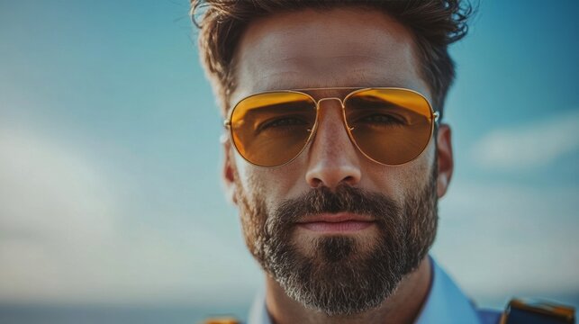 This is a close-up of a man's face, focusing on the lower half of his face with a full beard. He is wearing aviator-style sunglasses with orange-yellow lenses, and the background is a clear light blue