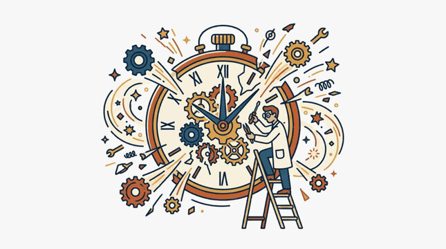 Vector illustration of a professional watchmaker on a ladder repairing a large exploding clock with flying gears, tools, and Roman numerals on a plain white background.
