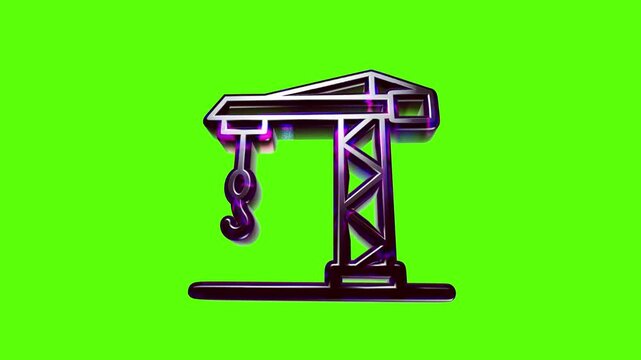 Shiny purple metallic construction crane icon with a hook isolated on a bright vivid green background