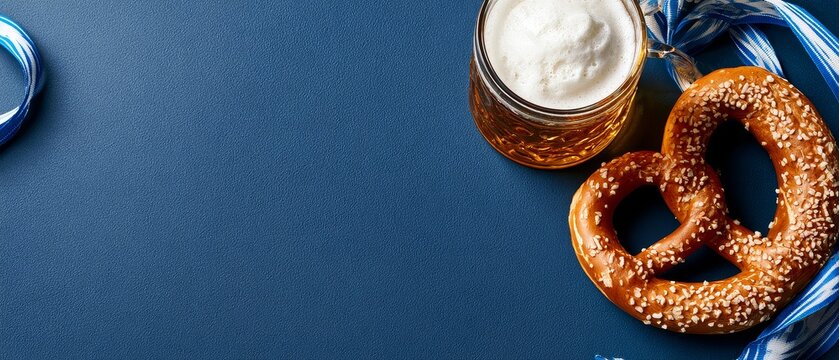 Festive oktoberfest background with beer and pretzel for bavarian celebration and autumn festival design