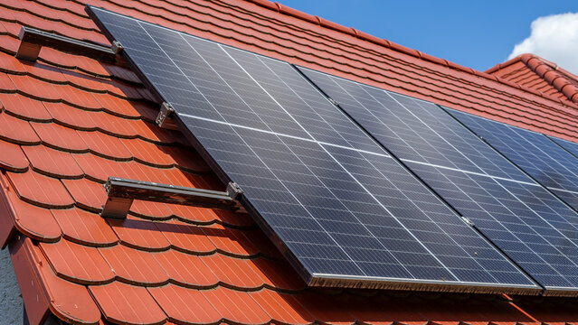 Solar Panels on a Residential Roof &ndash; Renewable Energy and Sustainable Home Power Concept