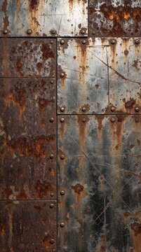 Rusted metal panels with rivets show wear and tear. This damaged surface has textures of orange brown and grey. Industrial construction background detail.