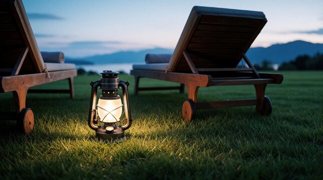Old oil lantern glows on green grass between wooden chaises. Lake and hills fade into twilight sky. Peaceful evening sets romantic mood outdoors.
