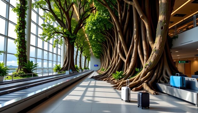 The image depicts an indoor setting, likely an airport terminal, featuring a row of large, intertwined trees with thick, twisting trunks that extend towards the ceiling
