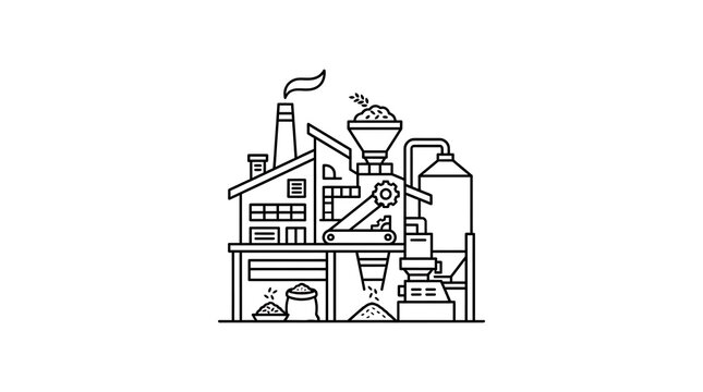 A black outline icon of a rice mill processing grain inside a factory building setting