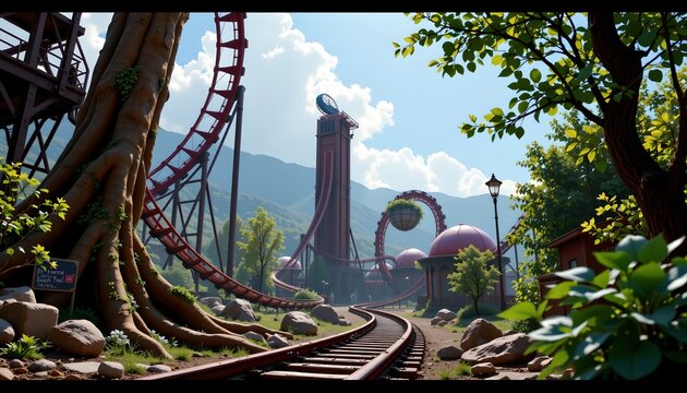 The image depicts an amusement park with a prominent roller coaster track winding through the scene amidst lush greenery and large trees