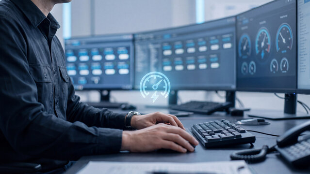 Control Room Performance Monitoring Concept, operator using computer with multiple dashboard monitors, gauges and power icon for real time data analysis and system operations control
