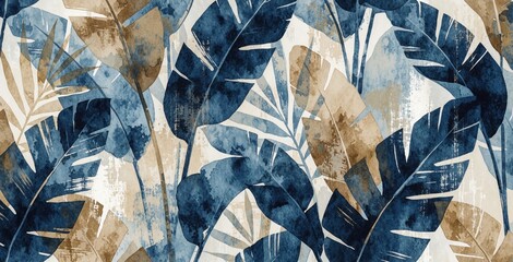 Obraz premium Abstract watercolor pattern of blue and beige tropical leaves. Repeating organic shapes create a botanical background for home decor, textile prints, and wallpaper designs.