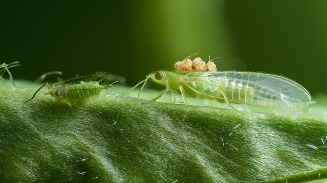 Green insect carrying eggs on leaf