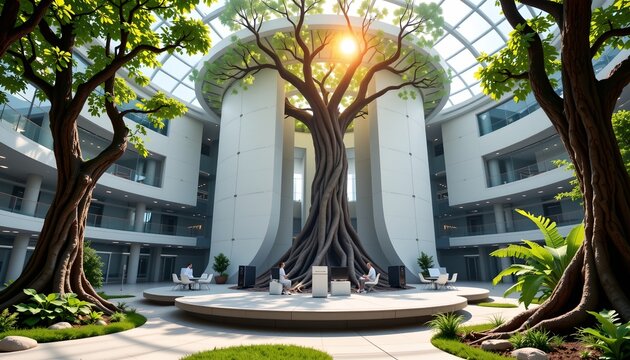The image depicts a modern, futuristic indoor courtyard featuring a large, central tree with twisted, sprawling roots that extend outward and upward, blending seamlessly into architectural elements