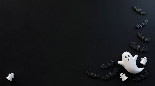 Top view of cute little ghost and black bat decorations arranged on a dark black background for halloween party concept