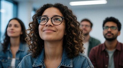 Obraz premium Young woman with curly hair, glasses listens attentively in classroom setting. Looks up hopefully, surrounded by students during lecture presentation. Scene represents education, learning.