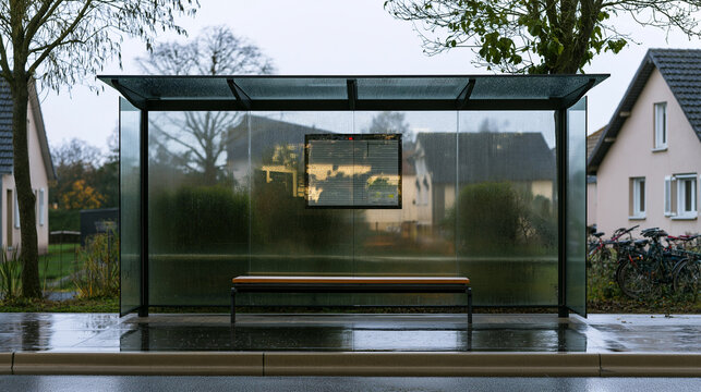 Modern glass bus shelter with wooden bench