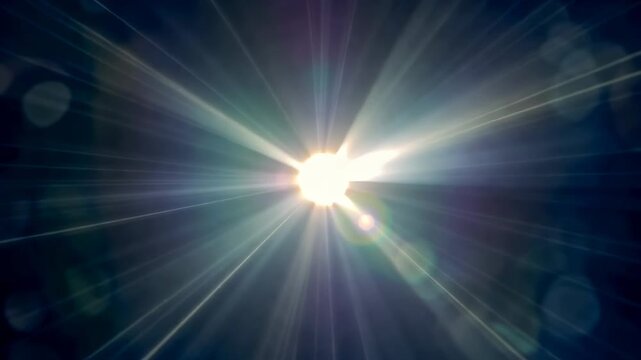Sunburst light flare effect with lens flare and radial light streaks during daytime against a dark background