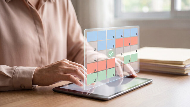 Staff Scheduling and Shift Planning Management Concept, woman using tablet with colored schedule grid, staff icons and checkmark for employee shift roster and workforce planning organization