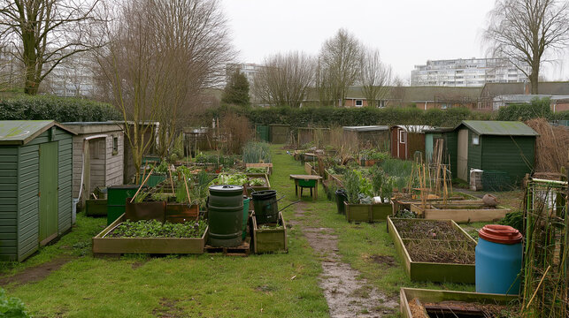 Community garden with raised beds and sheds