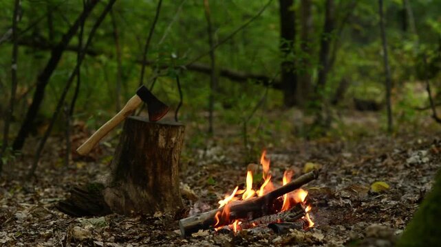 Seamlessly Looping Campfire by Tree Stump with Axe in Forest Loop.  Seamlessly looping stock footage of a cozy outdoor campfire burning near a wood chopping block with an axe in a forest.