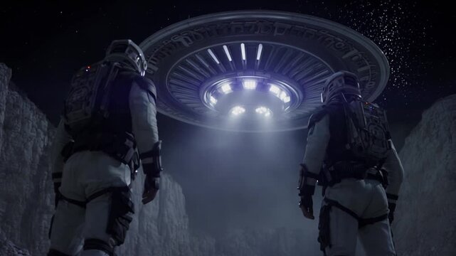 Two astronauts in space suits stand in a rocky canyon, gazing up at a hovering UFO emitting bright lights against a starry night sky