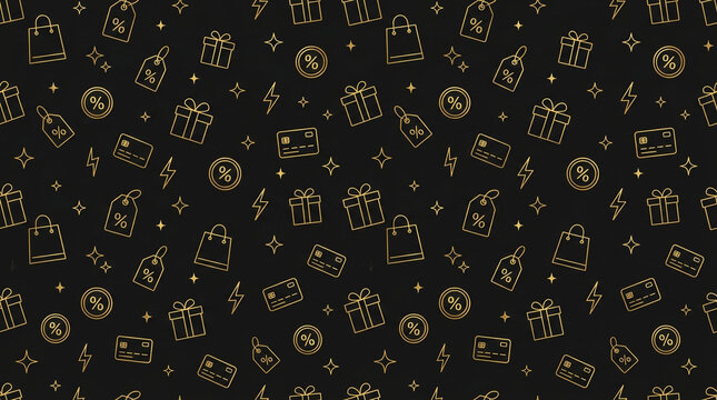 Luxury shopping pattern with gold icons on black background. Seamless retail background for sale events. Elegant gift and discount icons.