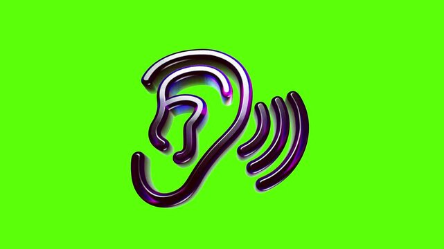 Shiny metallic ear icon with sound waves representing listening or hearing concept on green background