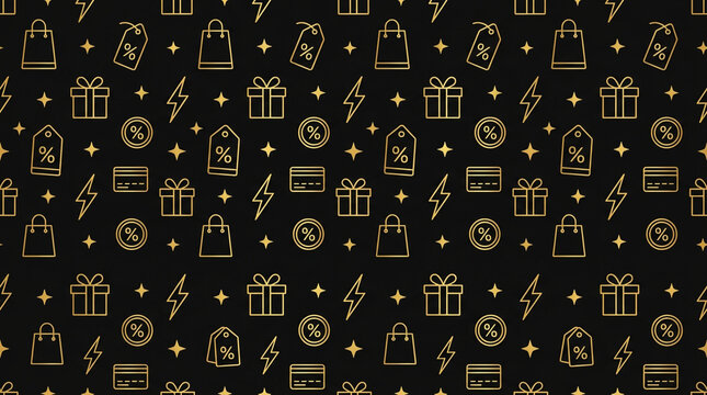 Luxury shopping pattern with gold icons on black, elegant retail sale background, seamless e-commerce gift and discount texture