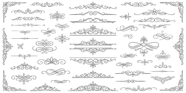 Set of vintage ornamental flourishes and decorative scroll dividers for elegant wedding invitation cards design