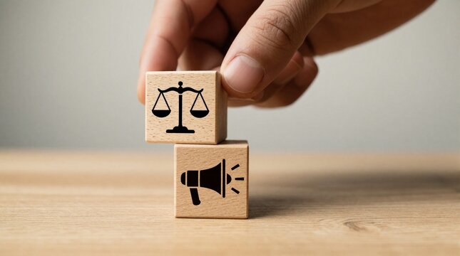 Hand stacks wooden blocks showing scale of justice and megaphone symbol for legal communication. Concept for fair trial, advocacy, and public announcement in law.