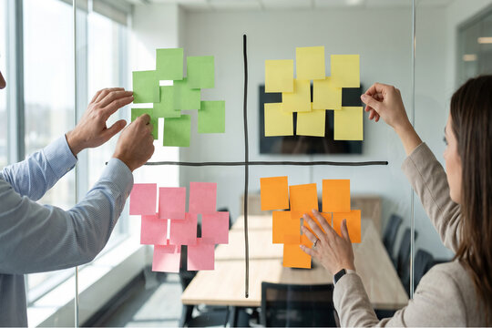 Business team using sticky notes matrix for brainstorming priority planning and project strategy collaboration meeting