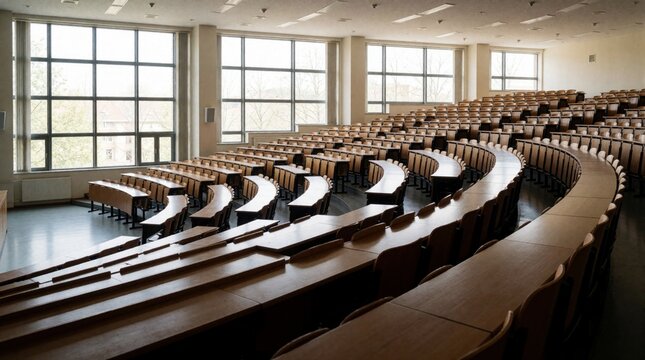 Empty tiered lecture hall with many wooden desks and chairs arranged in curved rows. Large windows let in natural light, creating a bright, organized space for learning.
