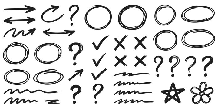 Set of hand drawn sketch elements including circles arrows question marks checkmarks crosses and star shapes