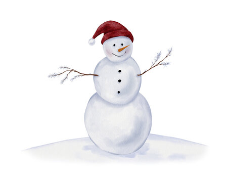 Hand painted watercolor snowman in a red hat with pompom, with twig arms, charcoal buttons and orange carrot nose, standing on a soft snowdrift in dusty blue and grey tones, isolated background.