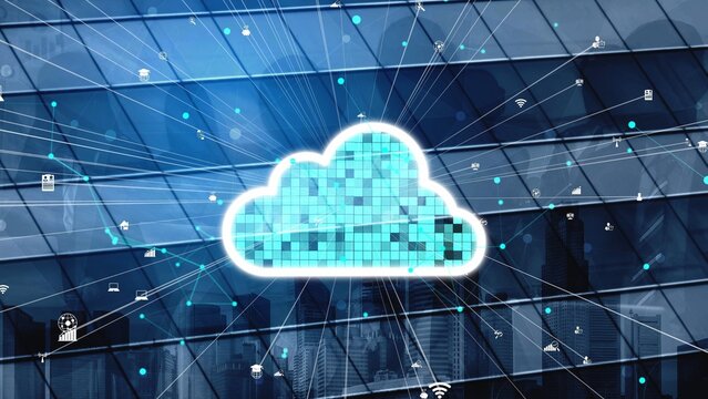 A vibrant digital cloud computing concept featuring abstract pixels and connectivity lines, set against a modern city skyline, symbolizing data transfer and innovation. Xenic