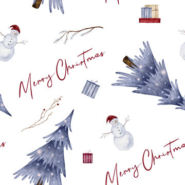 Christmas seamless pattern with blue pine trees, snowman with red hats, gifts, and "Merry Christmas" calligraphy. Repeat ornament with hand drawn watercolor illustration.