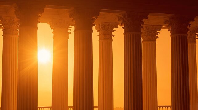 roman. Classical stone columns bathed in warm sunset hues, creating a serene architectural silhouette. inspiring travel planning.