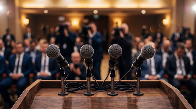 Journalists gather at press conference with microphones ready for updates and questions during the event