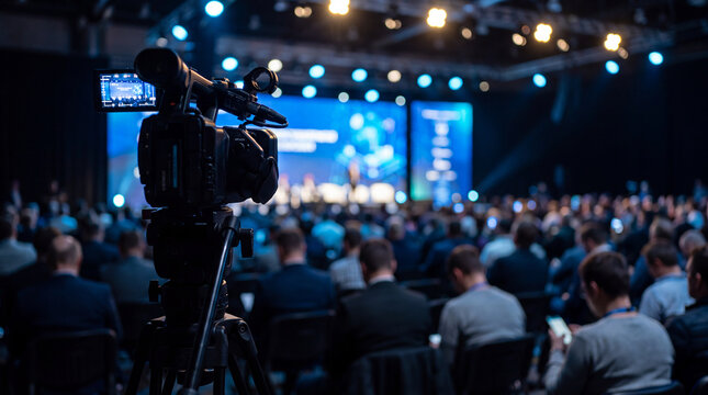 Conference event with audience and camera in focus at a large venue