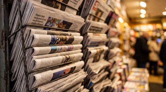 Newspapers stacked in a store showing different sections and headlines in a busy location during the day