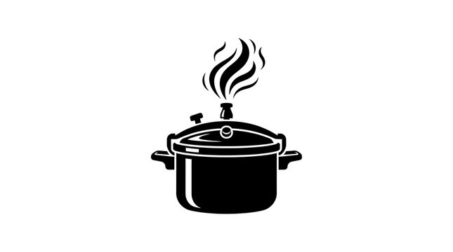 Black pressure cooker silhouette with steam rising from lid with vector icon pressure