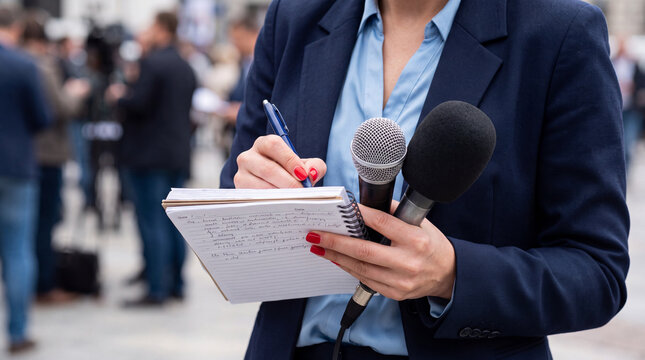 Reporter takes notes during a press conference outside in the city