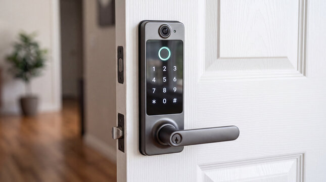 Modern smart lock on white door with keyless entry system inside a home setting