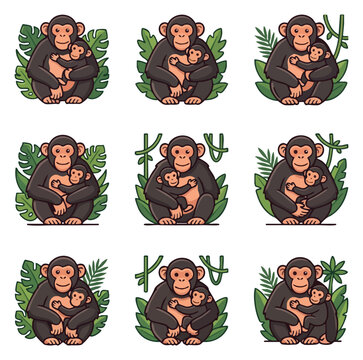 Parental affection between adult and baby monkey surrounded by foliage