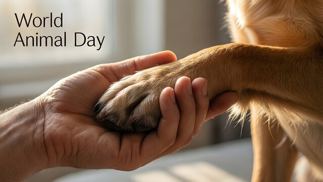 Human hand holding dog paw closely for World Animal Day concept