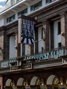 LONDON, UK - AUGUST 22, 2026:  Poster sign for the Beetlejuice Musical show on the Prince Edward Theatre in Old Compton Street, Soho