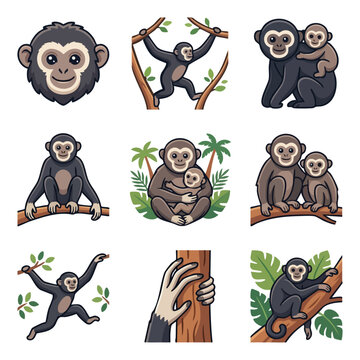 Playful primate family and jungle scenes cartoon illustration
