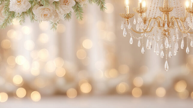 This is dreamy blurred scene,with partial golden crystal chandelier at the top right, white floral decor at the top left, and warm golden bokeh lights spread across the soft champagne-toned background