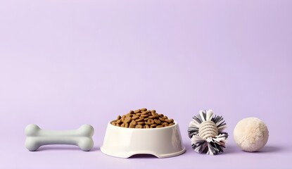 Fototapeta premium Pet food bowl with bone toy and accessories on purple background with copy space